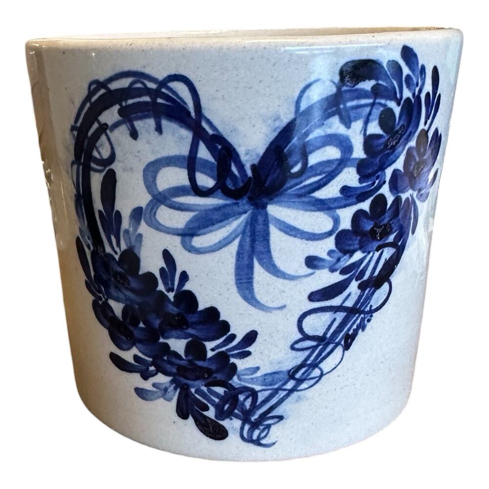 Vintage Yesteryears Pottery Blue Floral Heart Crock Handmade in Texas 5”x4.5”